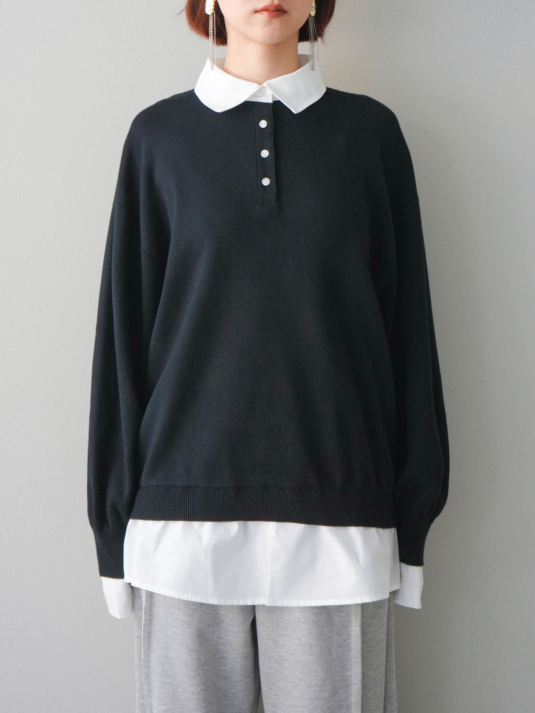 [予約]シャツドッキングオーバーニットプルオーバー/blackoff
