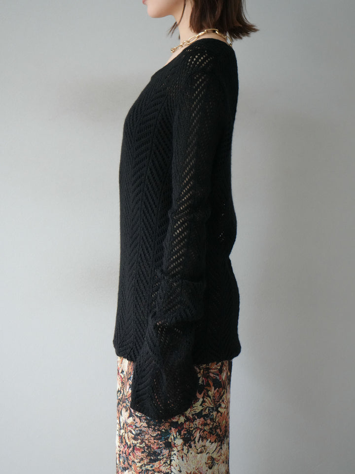 [予約]透かし編みニットトップス/ブラック