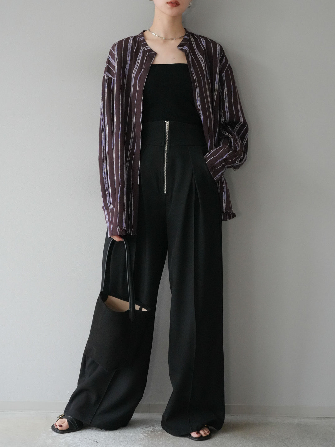 [予約]ペンタッチストライプ2WAYスリーブバンドカラーシャツ/ブラウン