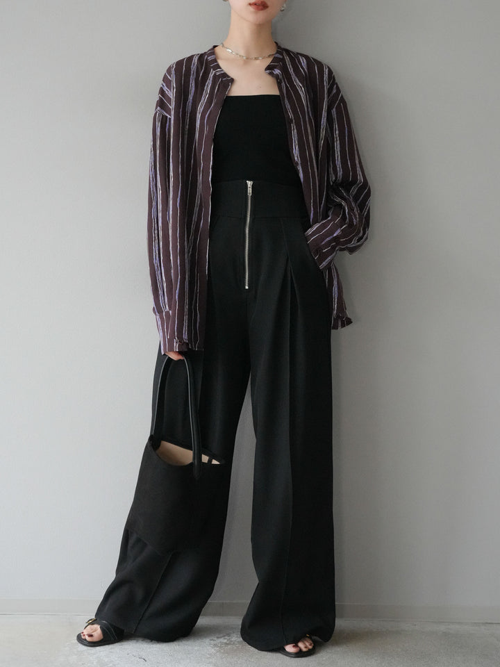 [予約]ペンタッチストライプ2WAYスリーブバンドカラーシャツ/ブラウン