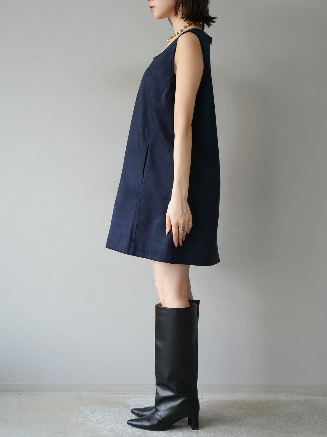 [予約]ショルダーポーチ付スウェードミニワンピース/ネイビー