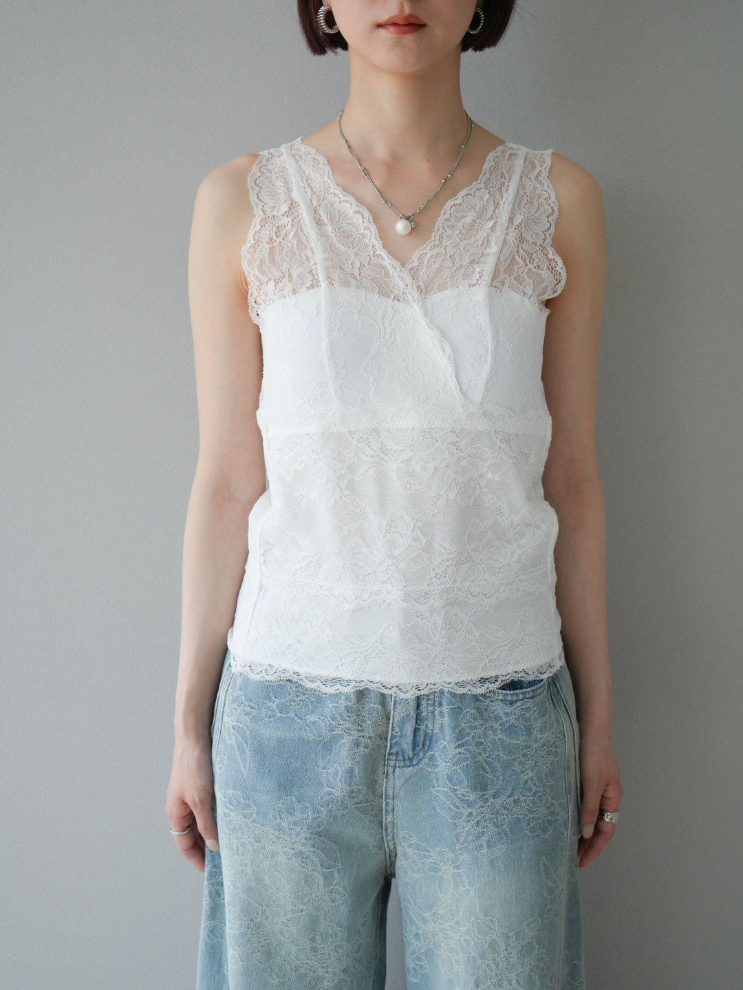 [予約]カップ付レースタンクトップ/ オフ