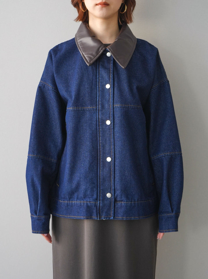 [予約]配色襟レザーデニムブルゾン/indigo