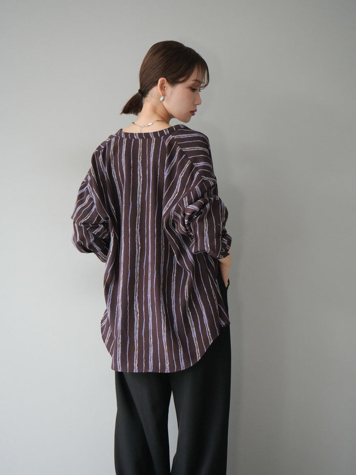 [予約]ペンタッチストライプ2WAYスリーブバンドカラーシャツ/ブラウン