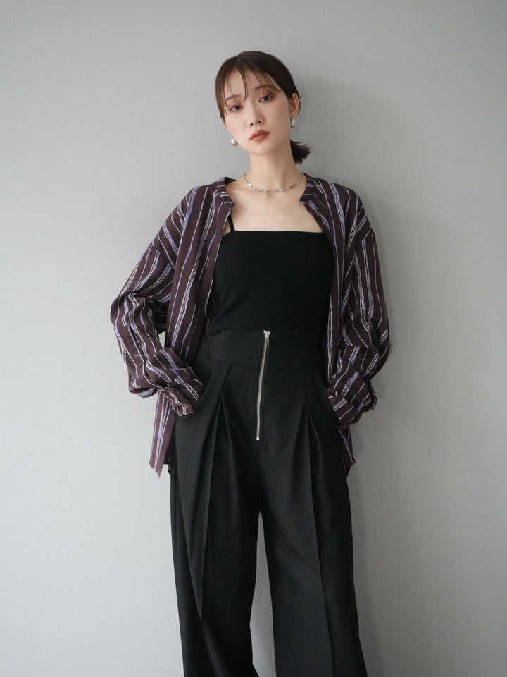 [予約]ペンタッチストライプ2WAYスリーブバンドカラーシャツ/ブラウン