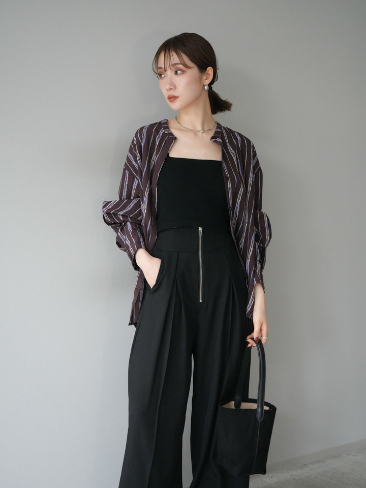 [予約]ペンタッチストライプ2WAYスリーブバンドカラーシャツ/ブラウン