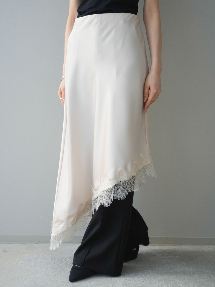 [予約]サテンライクアシメレーススカート/beige