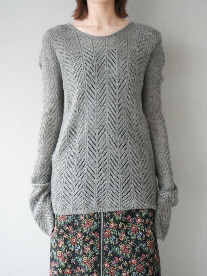 [予約]透かし編みニットトップス/グレー