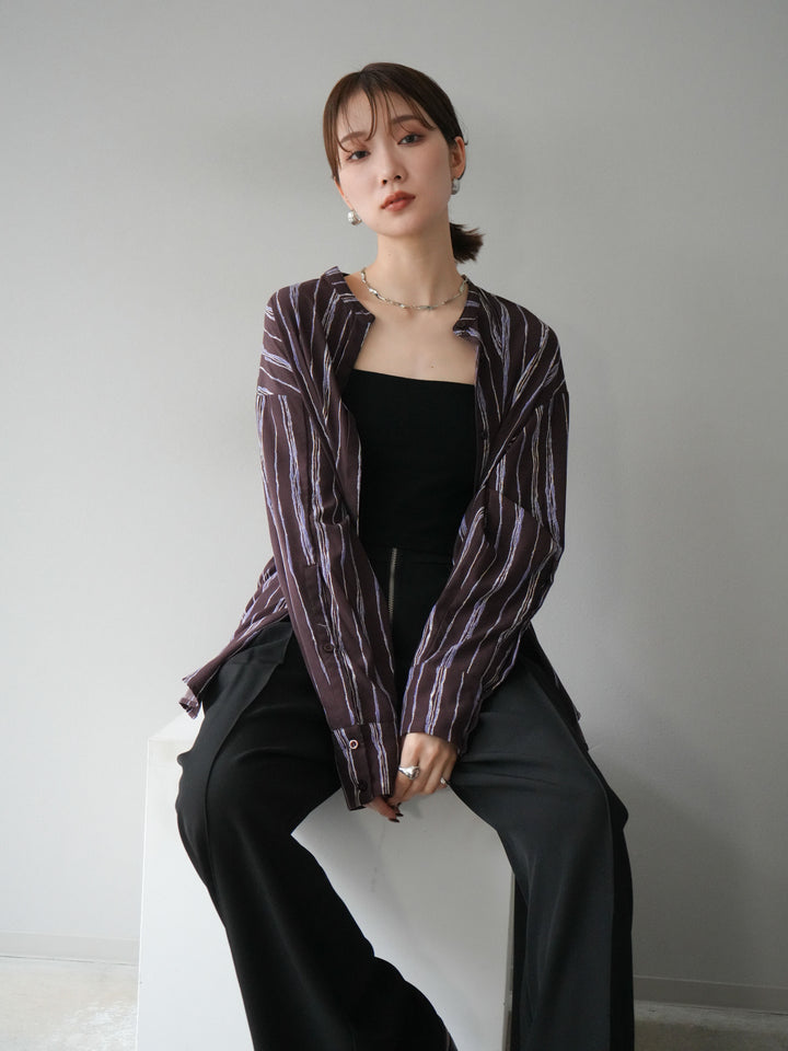 [予約]ペンタッチストライプ2WAYスリーブバンドカラーシャツ/ブラウン