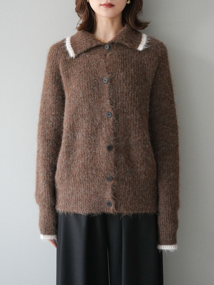 [予約]襟付きバイカラーミックスニットカーディガン/brown