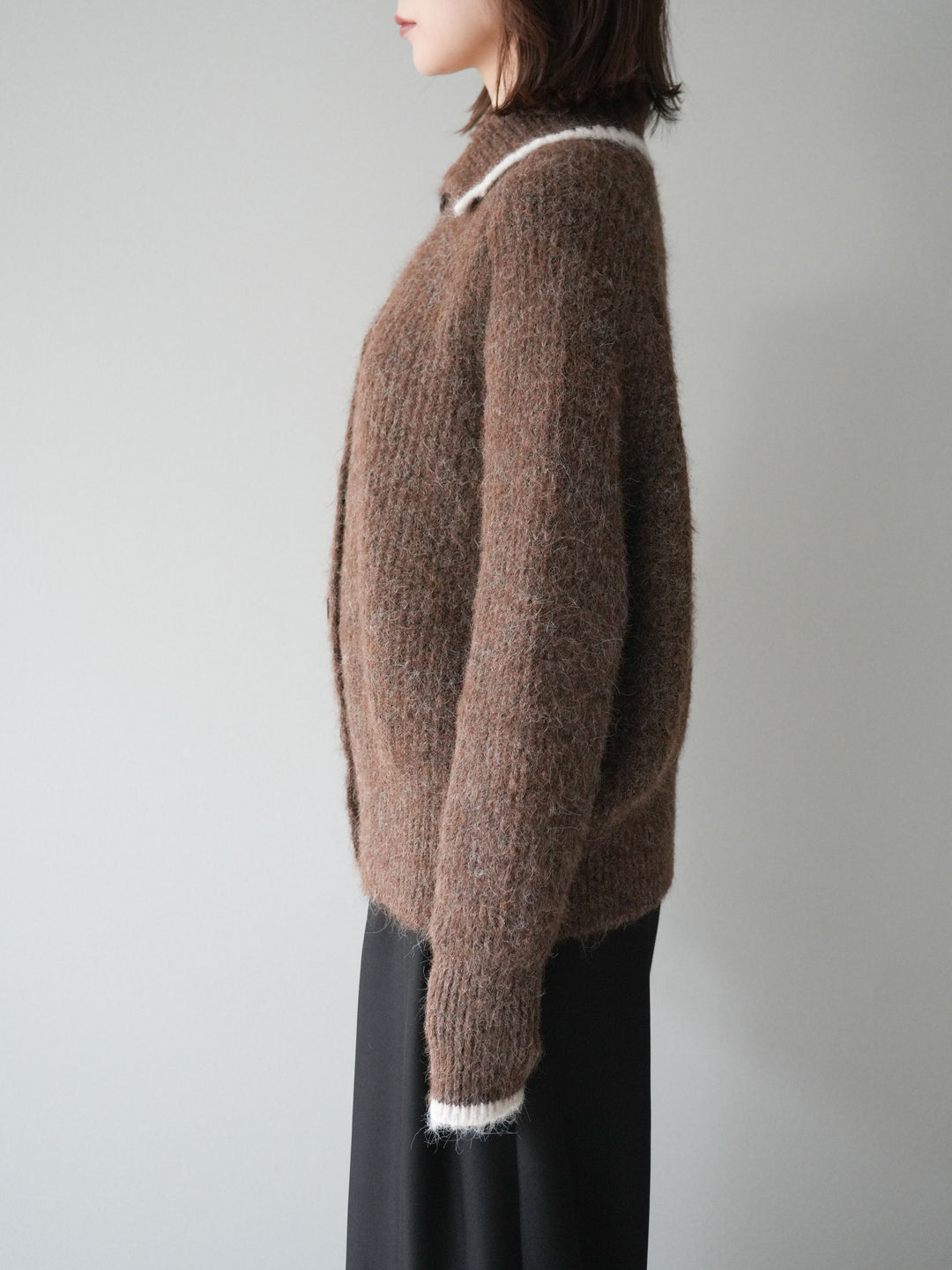 [予約]襟付きバイカラーミックスニットカーディガン/brown