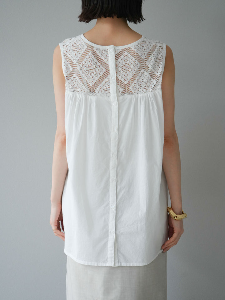 [予約]インド製コットンレース切替ノースリブラウス/オフ