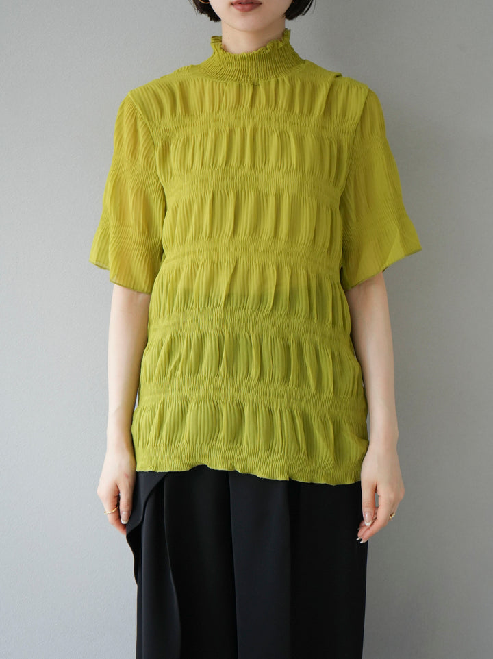 [Pre-order] Shirred Chiffon Half Sleeve Blouse/Green