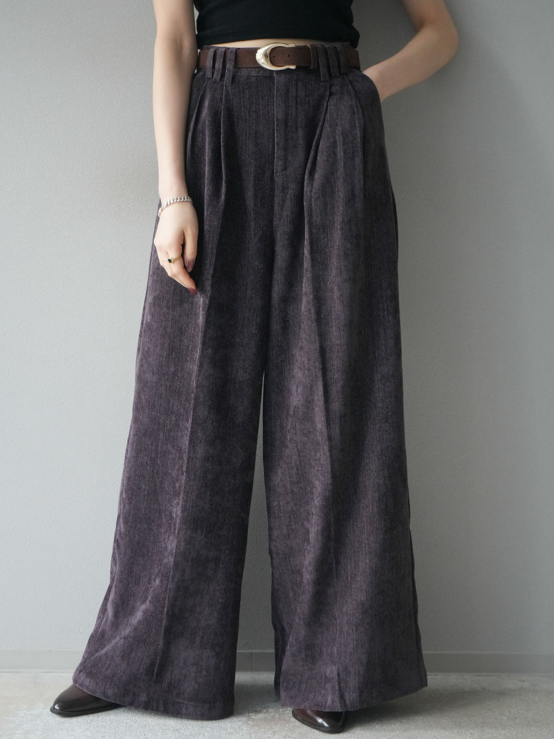 [予約]ベルト付ベルベットワイドパンツ/purple