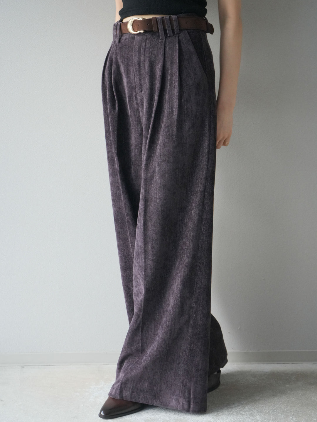 [予約]ベルト付ベルベットワイドパンツ/purple