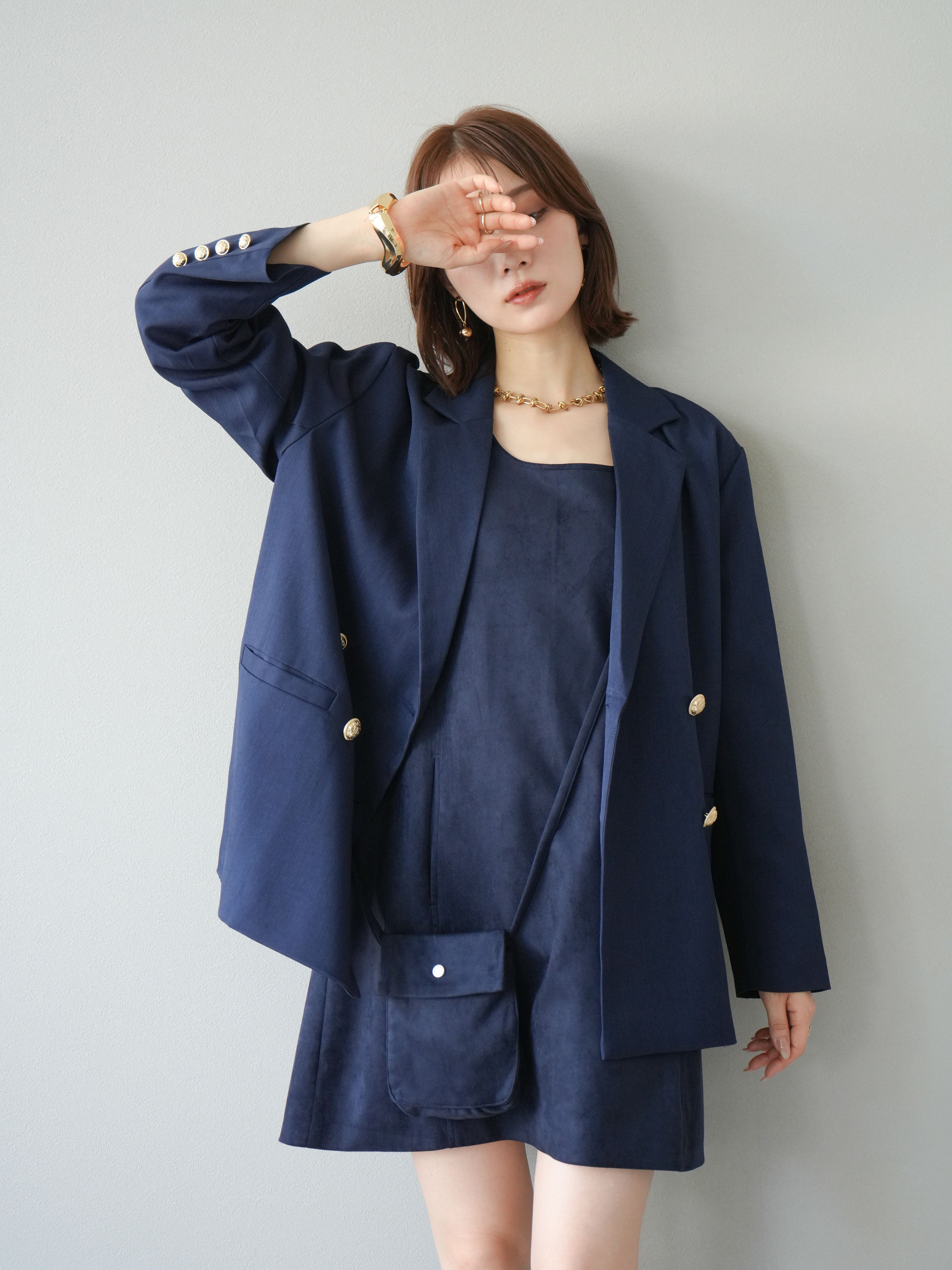 SET]ゴールドボタンツイルダブルテーラードジャケット+選べるアクセ