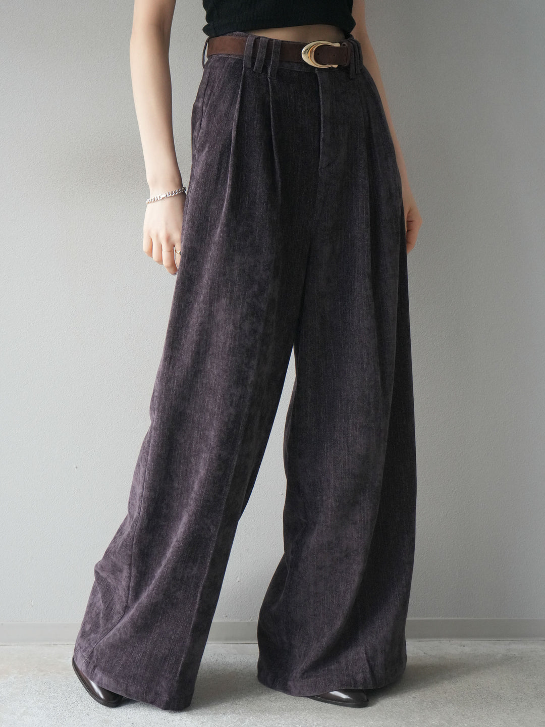 [予約]ベルト付ベルベットワイドパンツ/purple