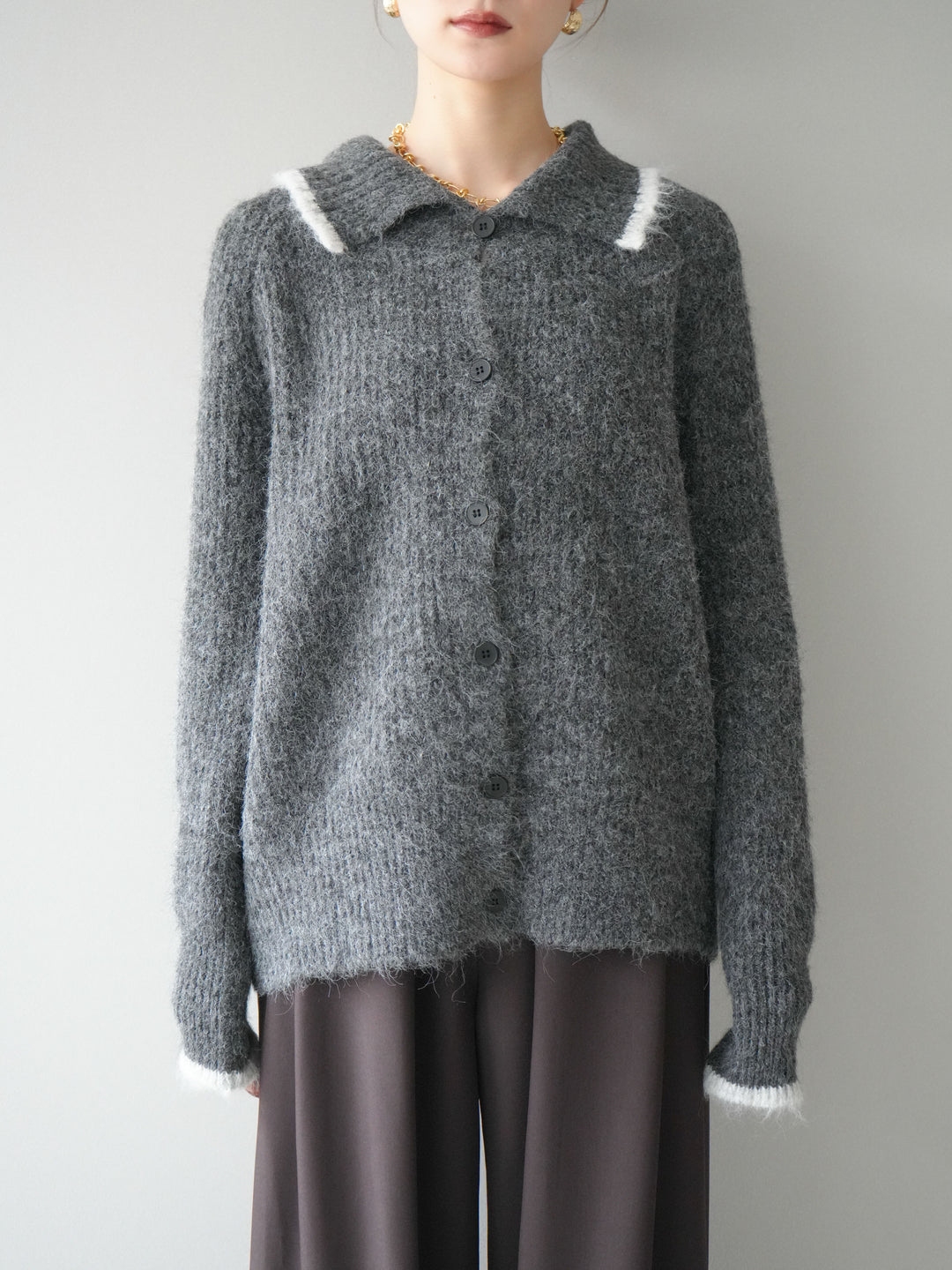 [予約]襟付きバイカラーミックスニットカーディガン/gray