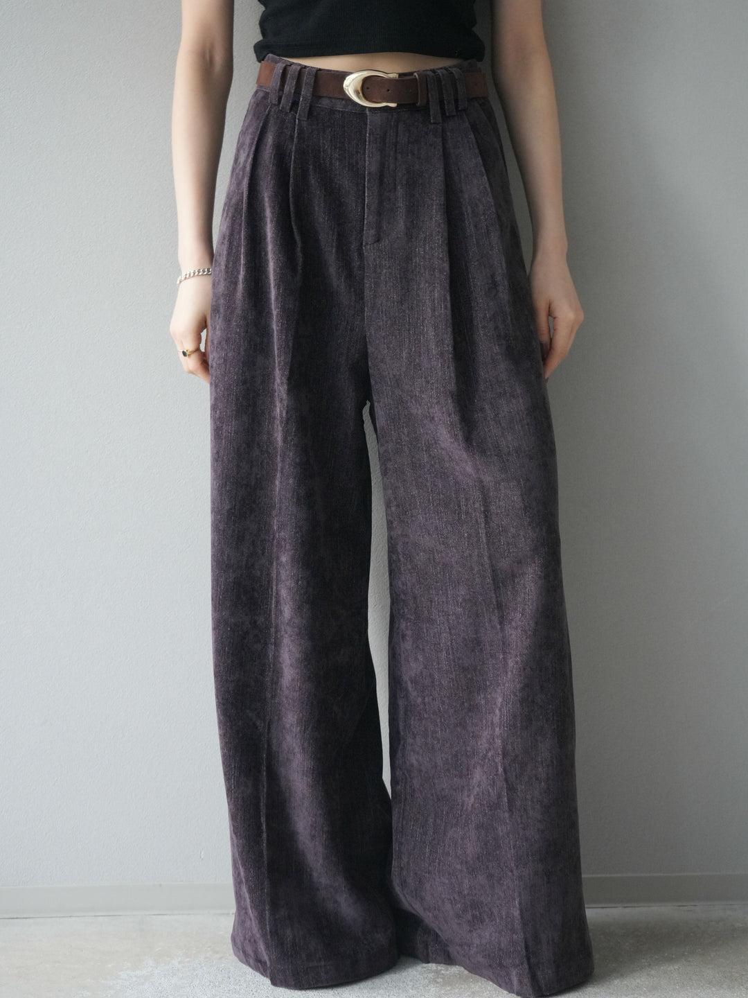 [予約]ベルト付ベルベットワイドパンツ/purple