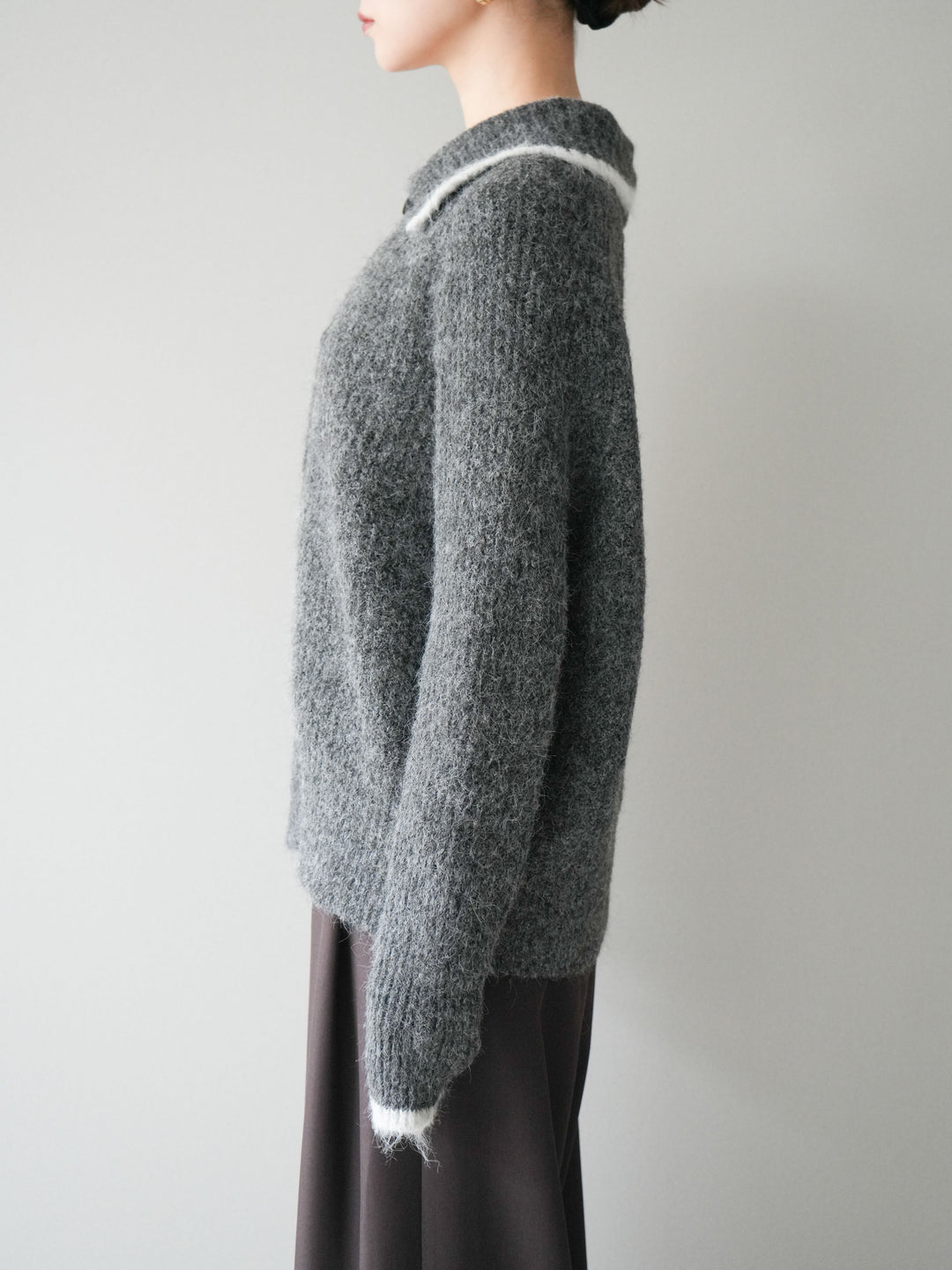 [予約]襟付きバイカラーミックスニットカーディガン/gray