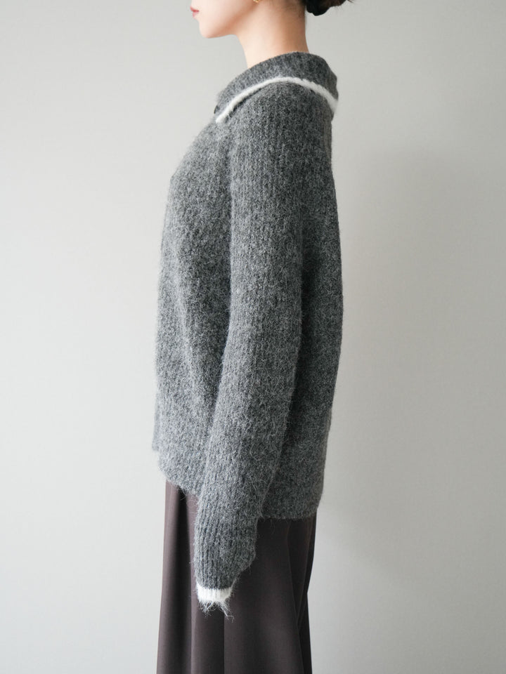 [予約]襟付きバイカラーミックスニットカーディガン/gray
