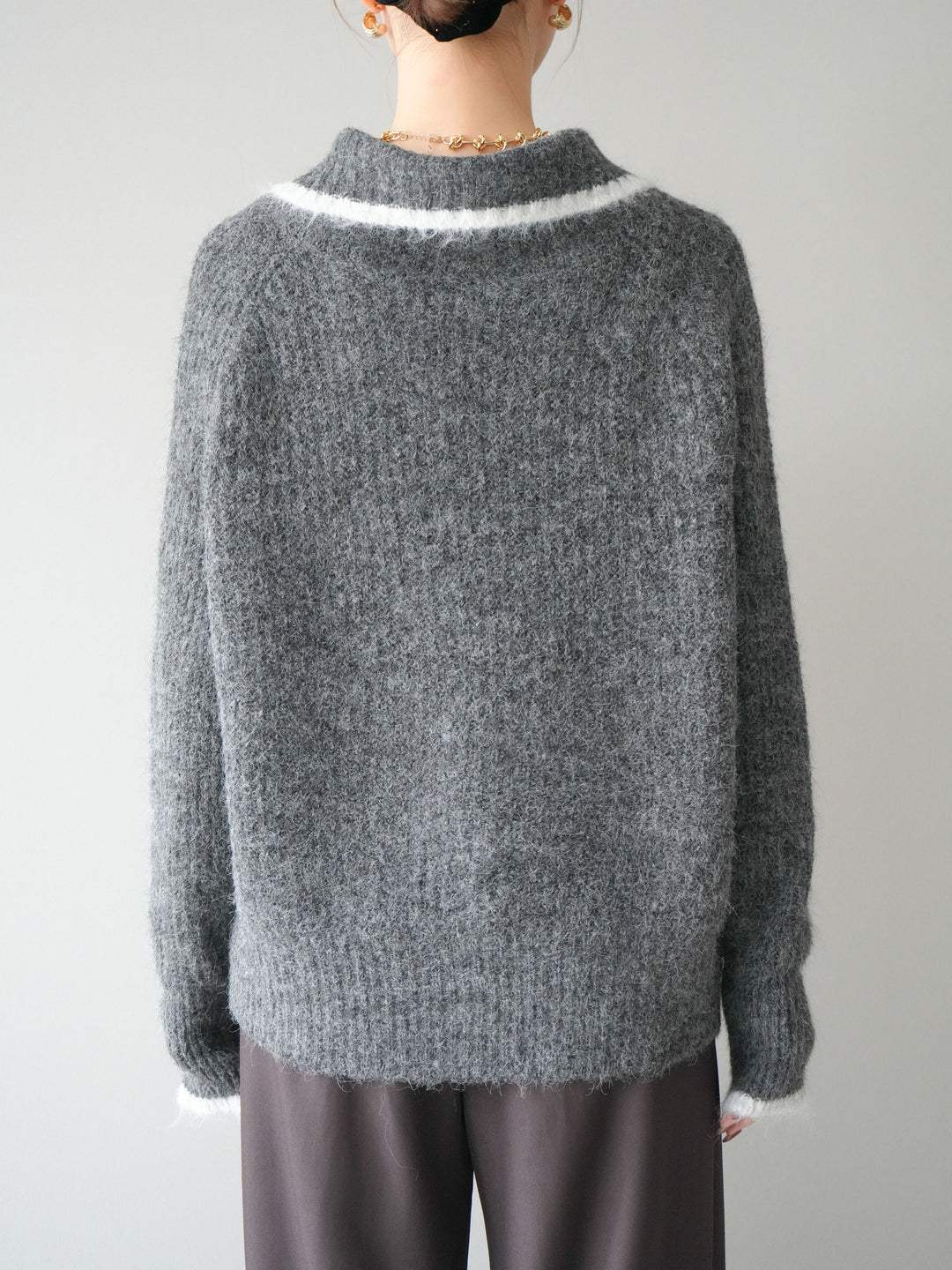 [予約]襟付きバイカラーミックスニットカーディガン/gray