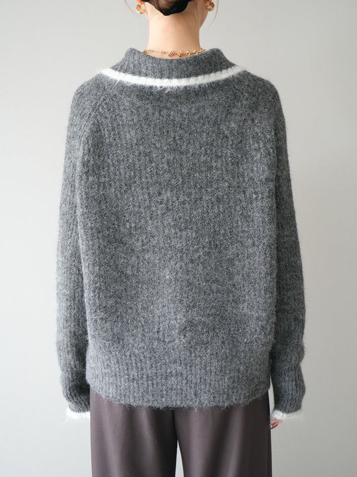 [予約]襟付きバイカラーミックスニットカーディガン/gray