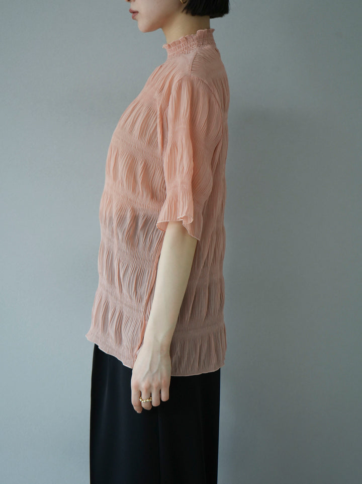 [Pre-order] Shirred Chiffon Half Sleeve Blouse/Coral Pink