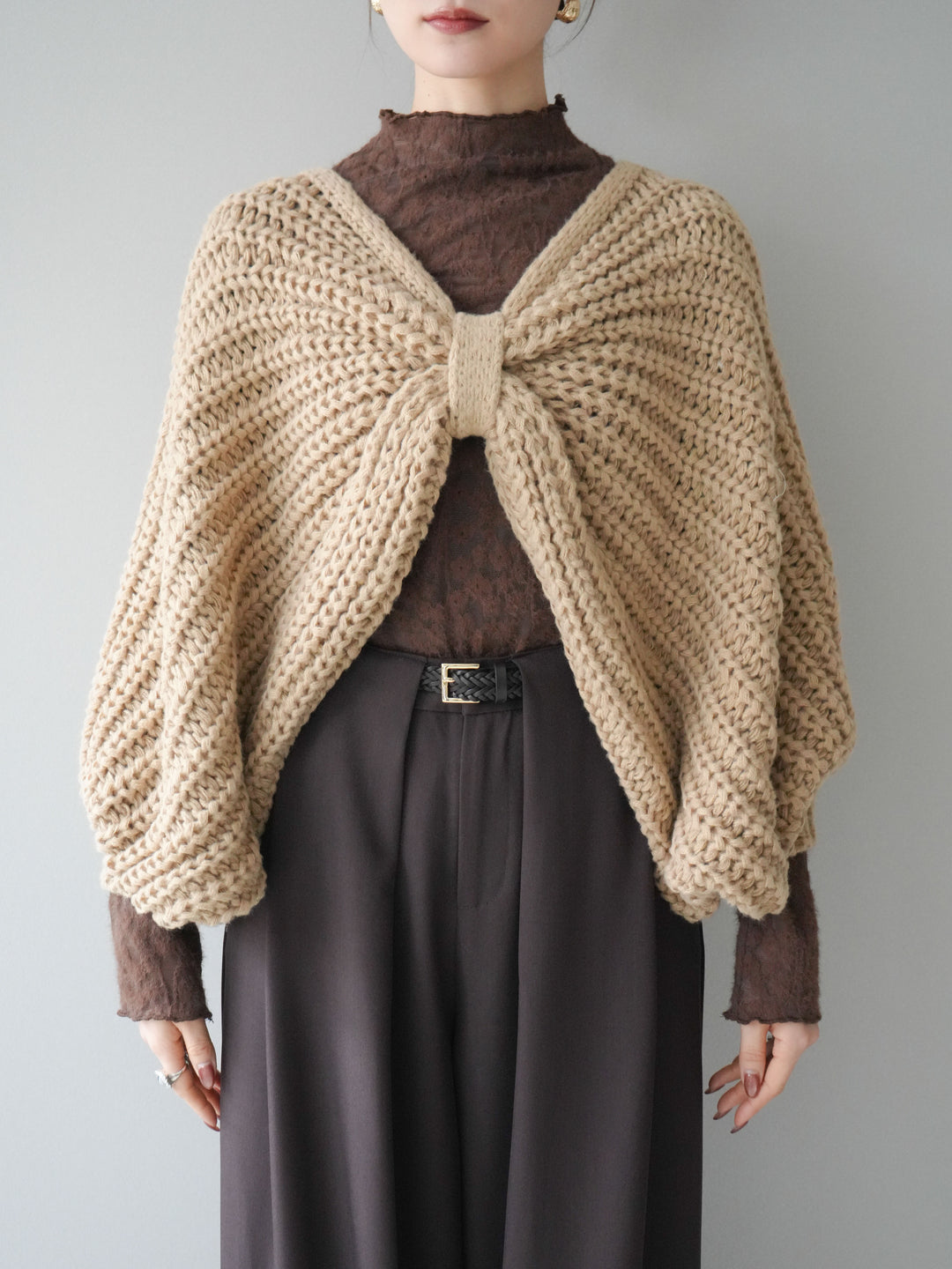 [予約]ローゲージ畦編みドルマンニットボレロ/beige