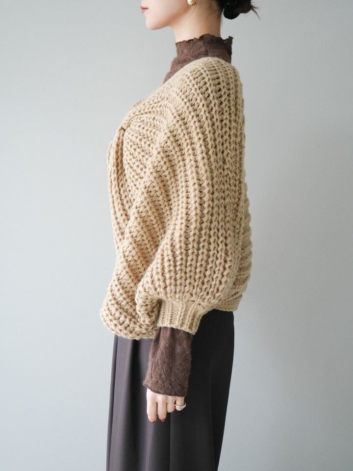 [予約]ローゲージ畦編みドルマンニットボレロ/beige