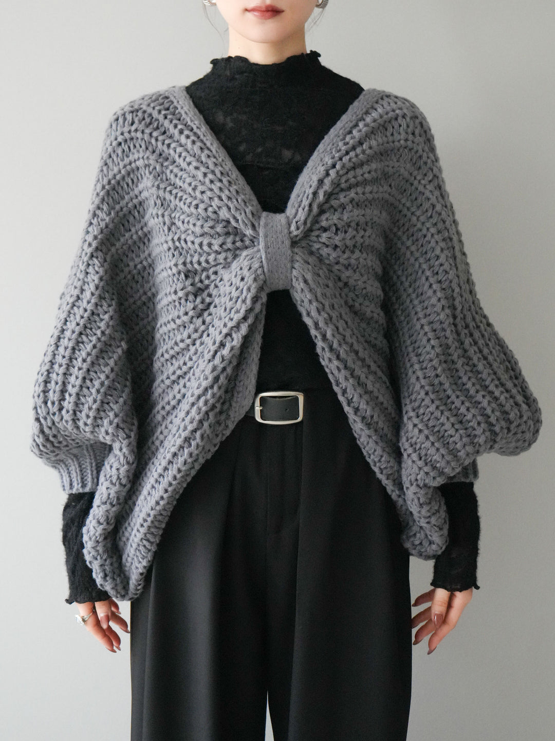 [予約]ローゲージ畦編みドルマンニットボレロ/gray