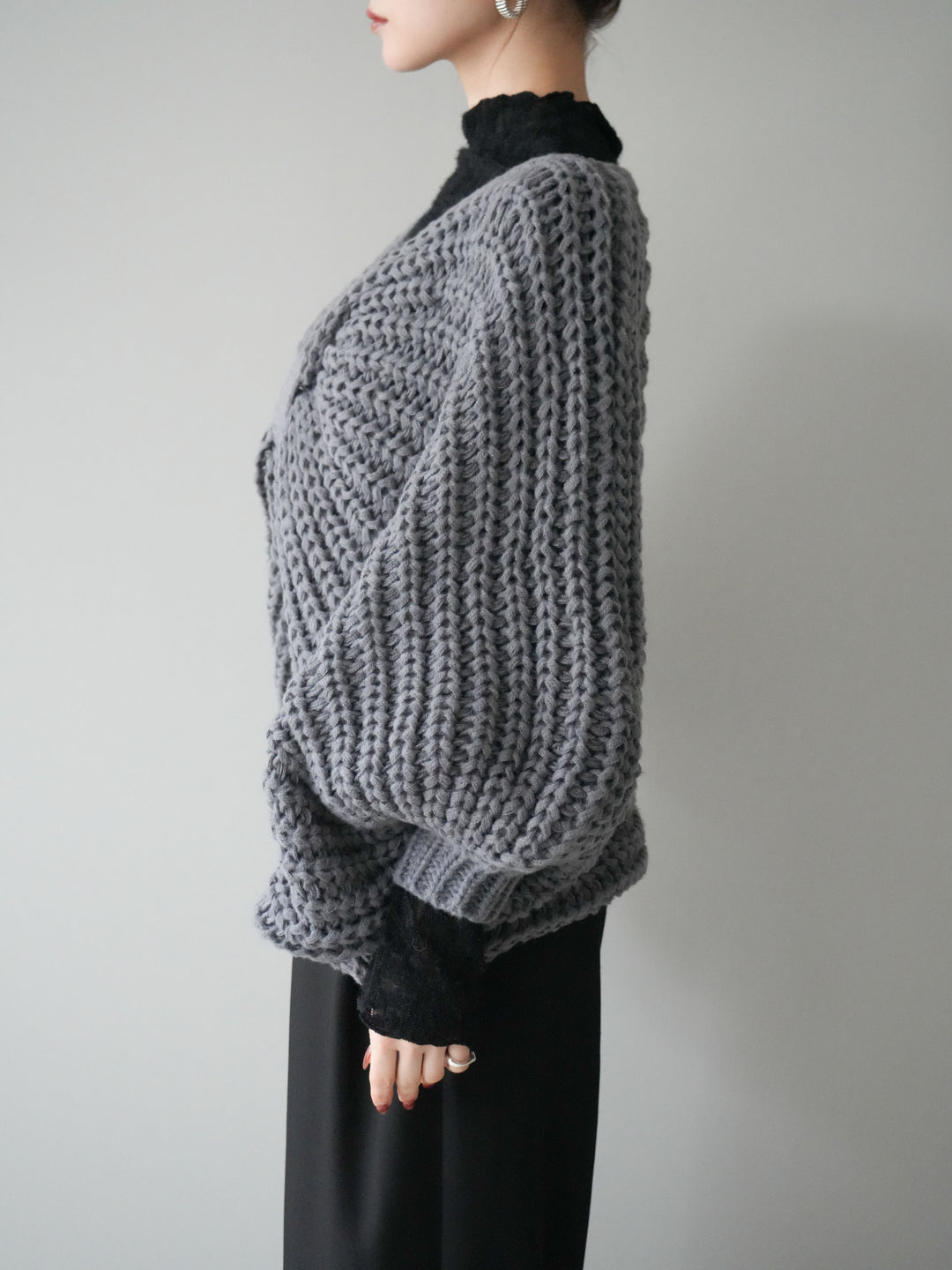 [予約]ローゲージ畦編みドルマンニットボレロ/gray