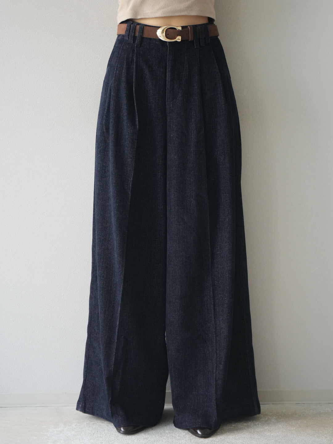 [予約]ベルト付ベルベットワイドパンツ/navy