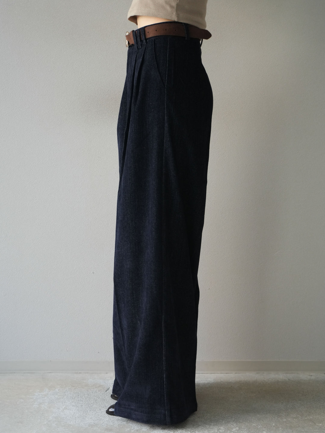 [予約]ベルト付ベルベットワイドパンツ/navy