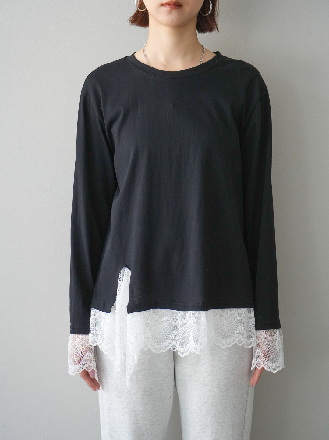 [予約]裾レースコンビカットソー/black