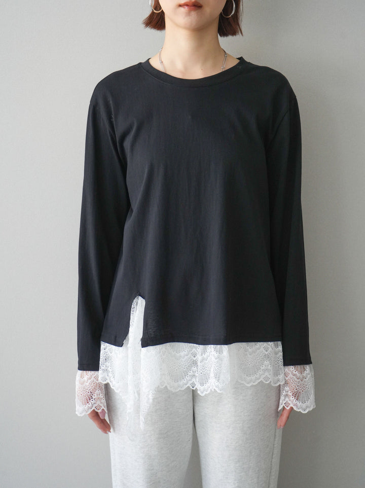 [予約]裾レースコンビカットソー/black