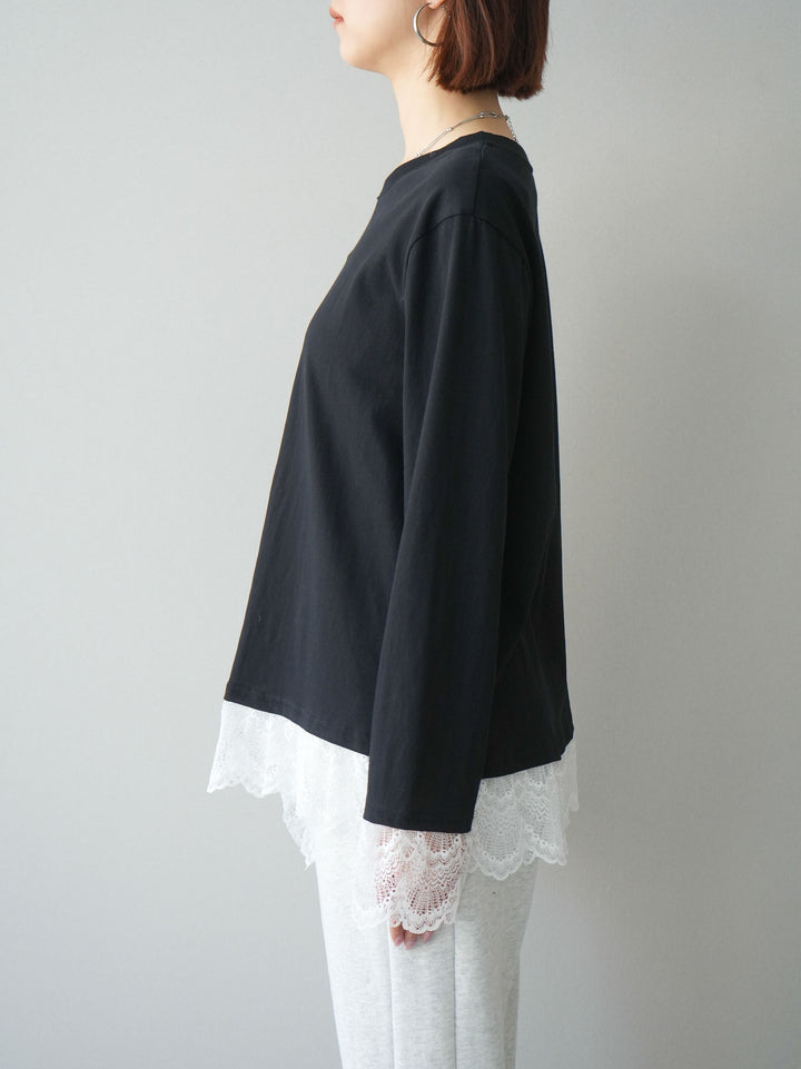 [予約]裾レースコンビカットソー/black