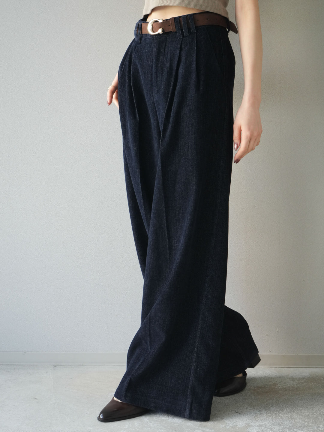 [予約]ベルト付ベルベットワイドパンツ/navy