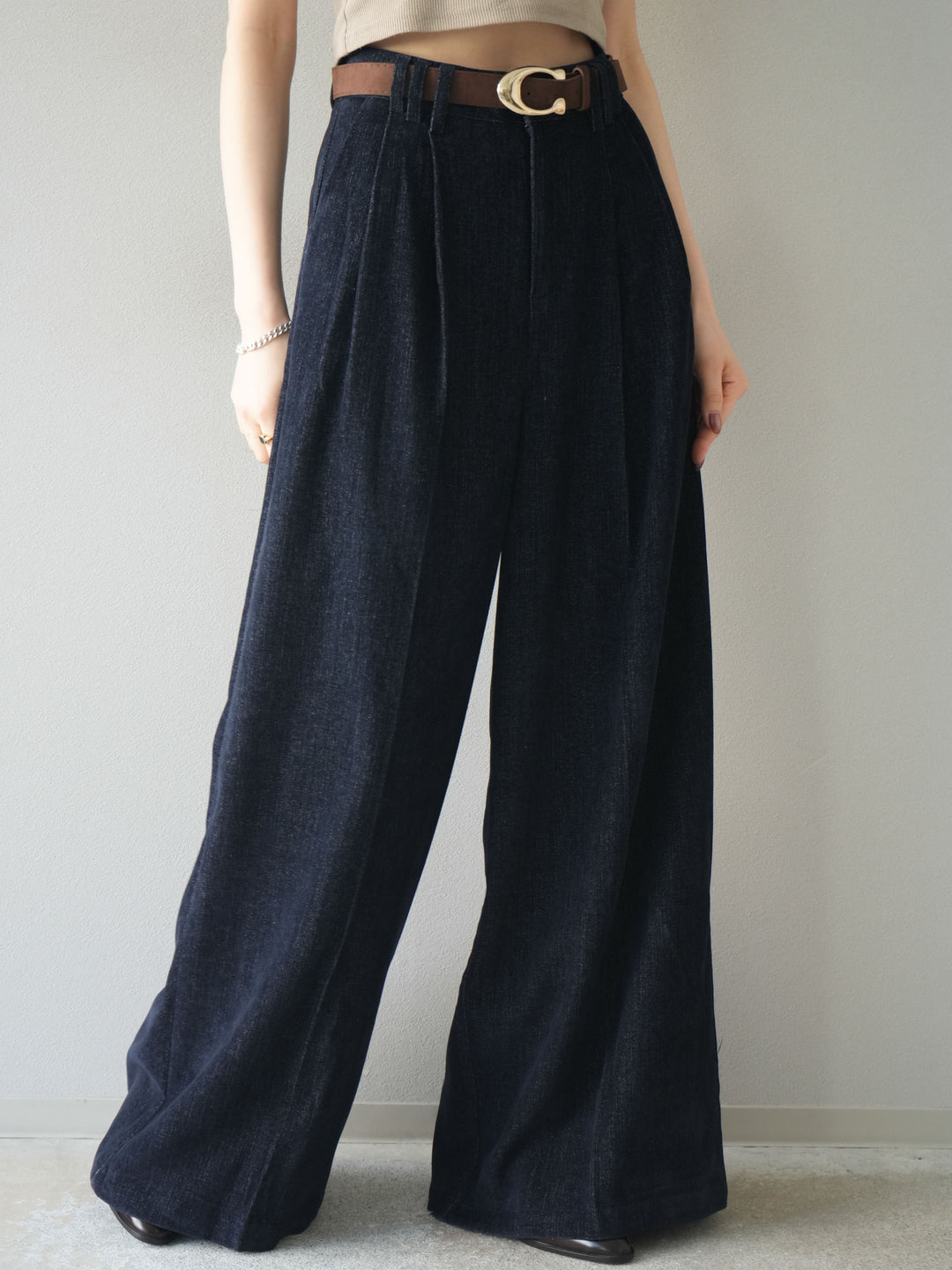 [予約]ベルト付ベルベットワイドパンツ/navy