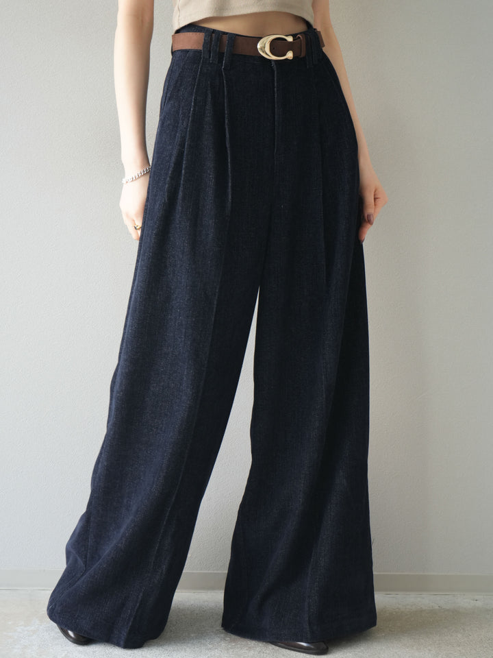 [予約]ベルト付ベルベットワイドパンツ/navy