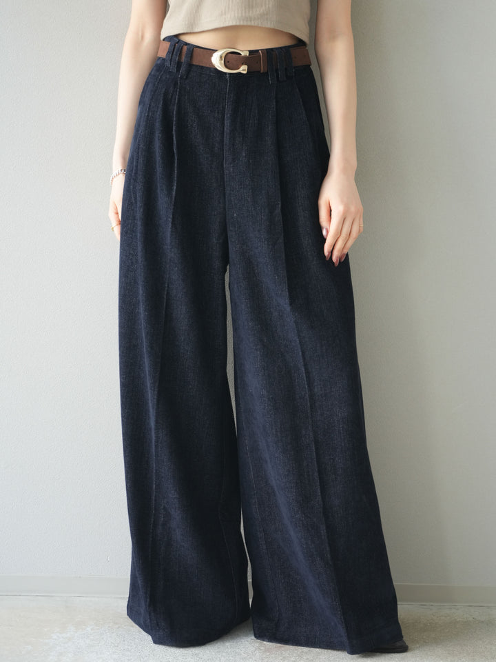 [予約]ベルト付ベルベットワイドパンツ/navy