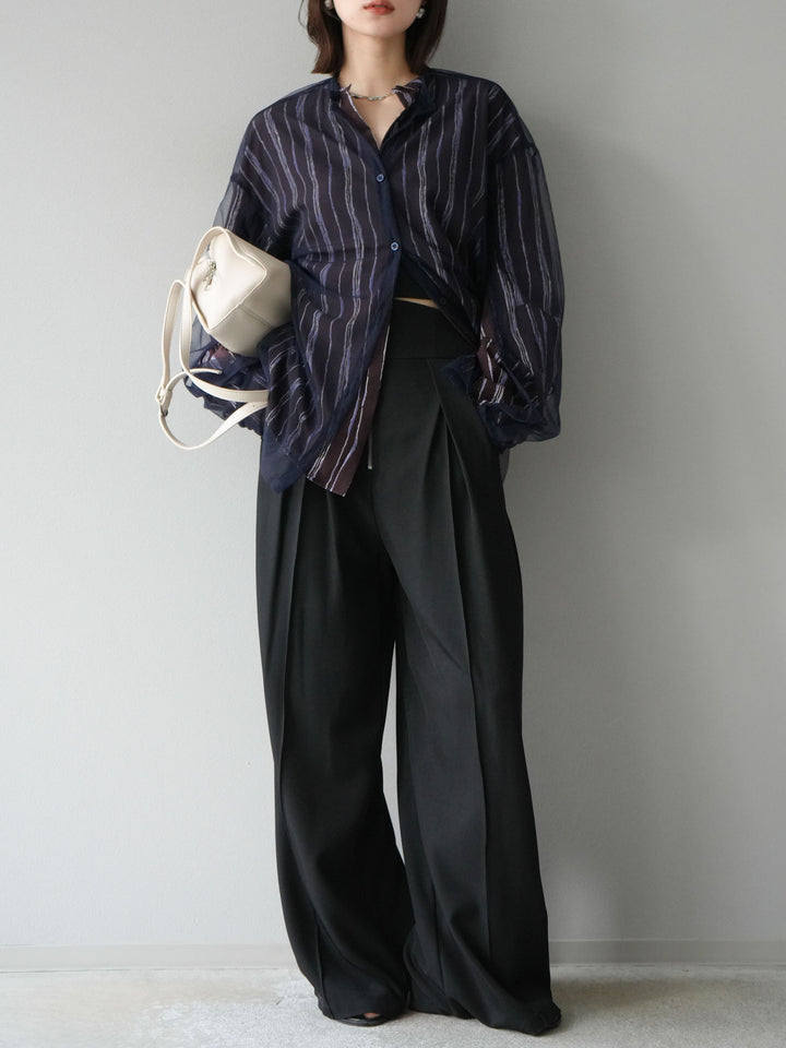 [予約]ペンタッチストライプ2WAYスリーブバンドカラーシャツ/ブラウン