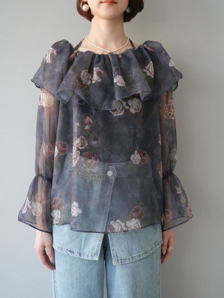 【預購】花朵露肩襯衫/藏青色