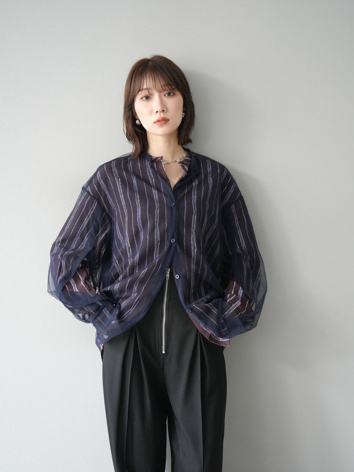 [予約]ペンタッチストライプ2WAYスリーブバンドカラーシャツ/ブラウン