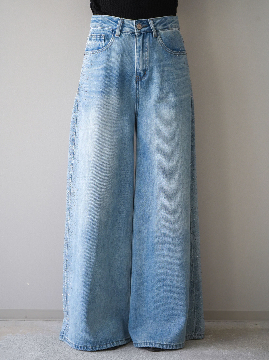 [予約]サイドビジューワイドデニムパンツ/lightblue