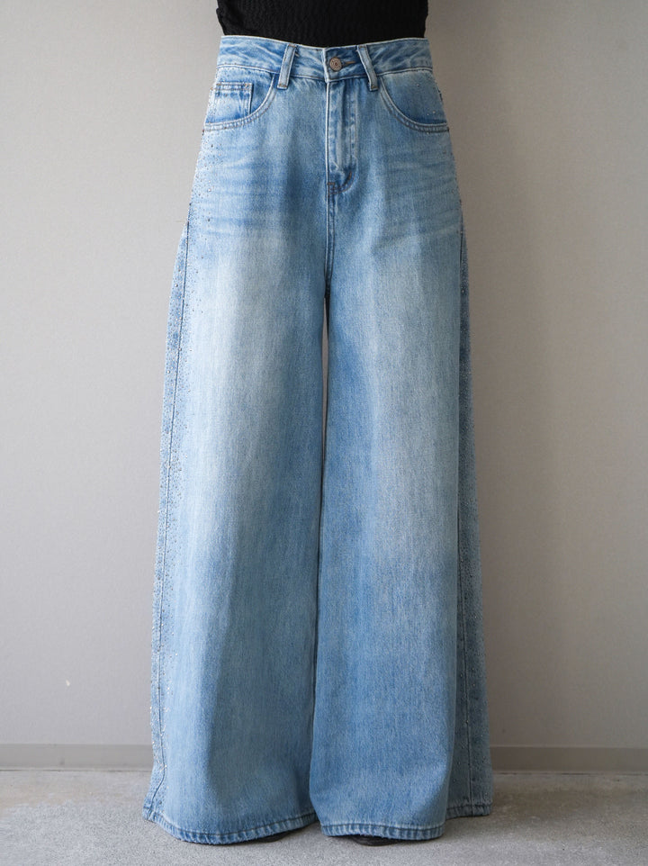 [予約]サイドビジューワイドデニムパンツ/lightblue