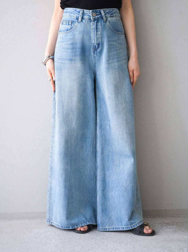 [予約]サイドビジューワイドデニムパンツ/lightblue