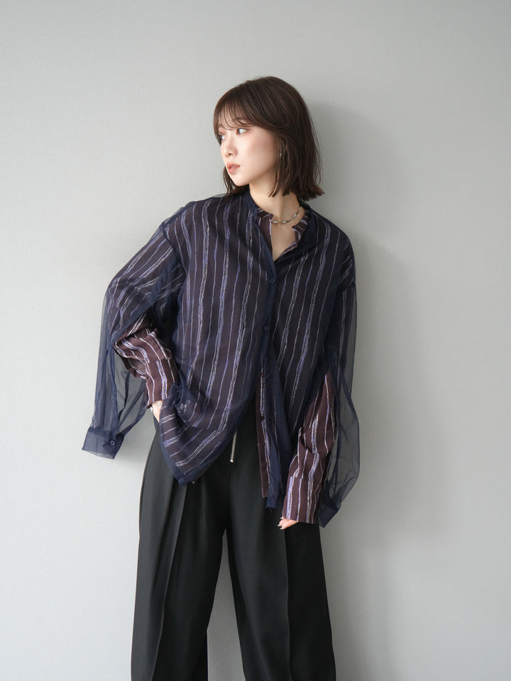 [予約]ペンタッチストライプ2WAYスリーブバンドカラーシャツ/ブラウン