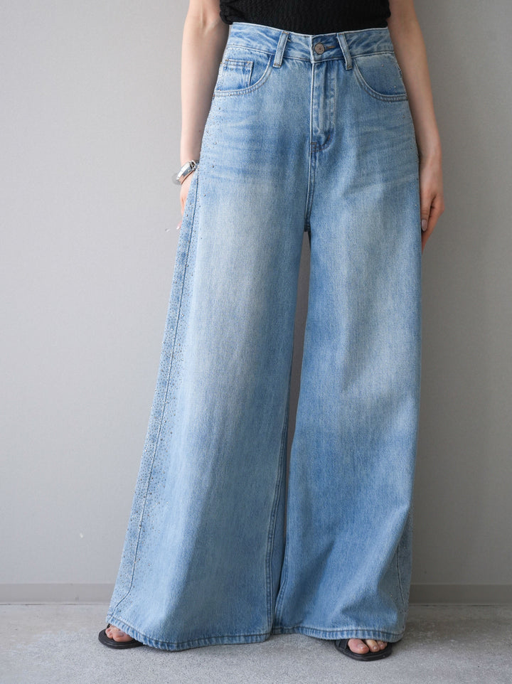 [予約]サイドビジューワイドデニムパンツ/lightblue