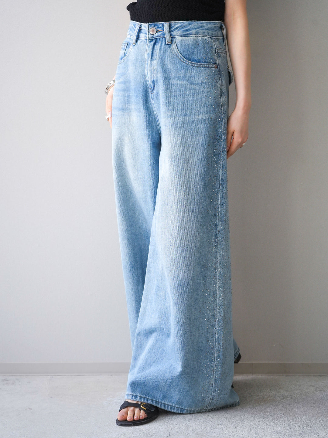 [予約]サイドビジューワイドデニムパンツ/lightblue